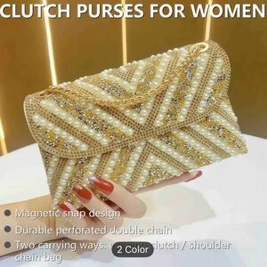 Elegant Gold and White Beaded Clutch Purse